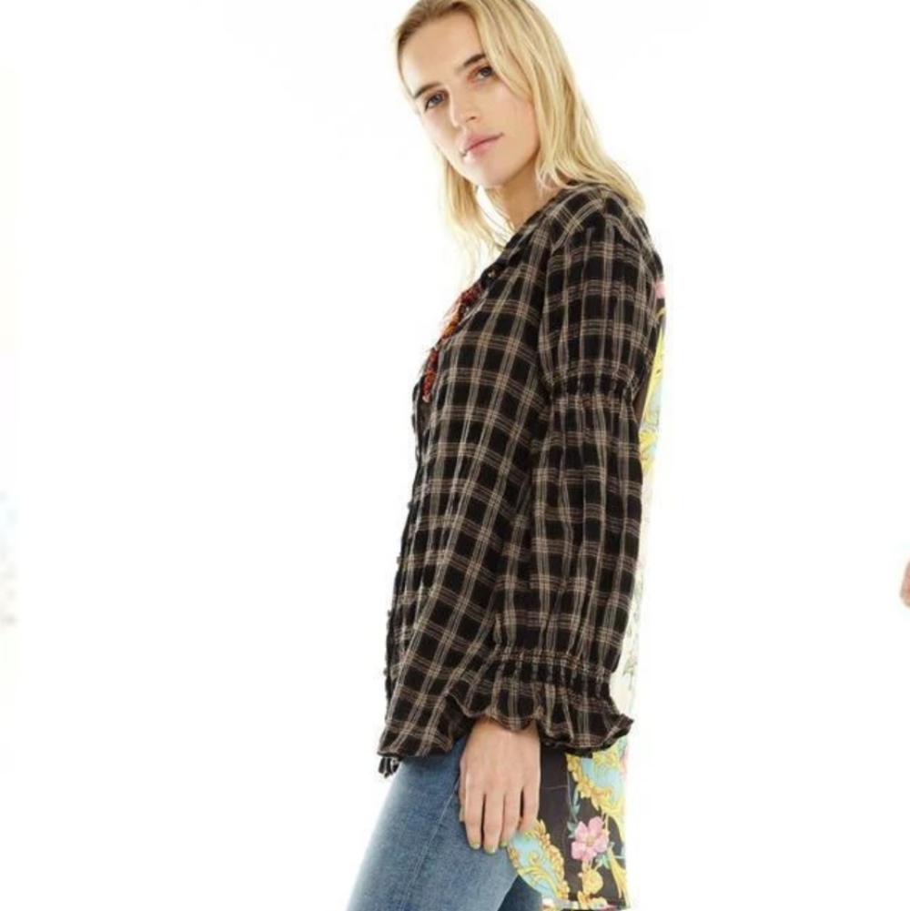 Aratta Silent Journey Plaid Button-Up Blouse With Floral Accents